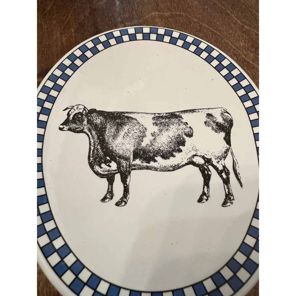 Vintage white ceramic farm animals small Oval Plates checkered Country style